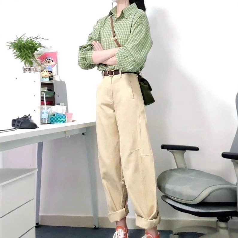 韩风chic一套休闲时尚洋气减龄显瘦格纹衬衫女卡其色工装裤套装