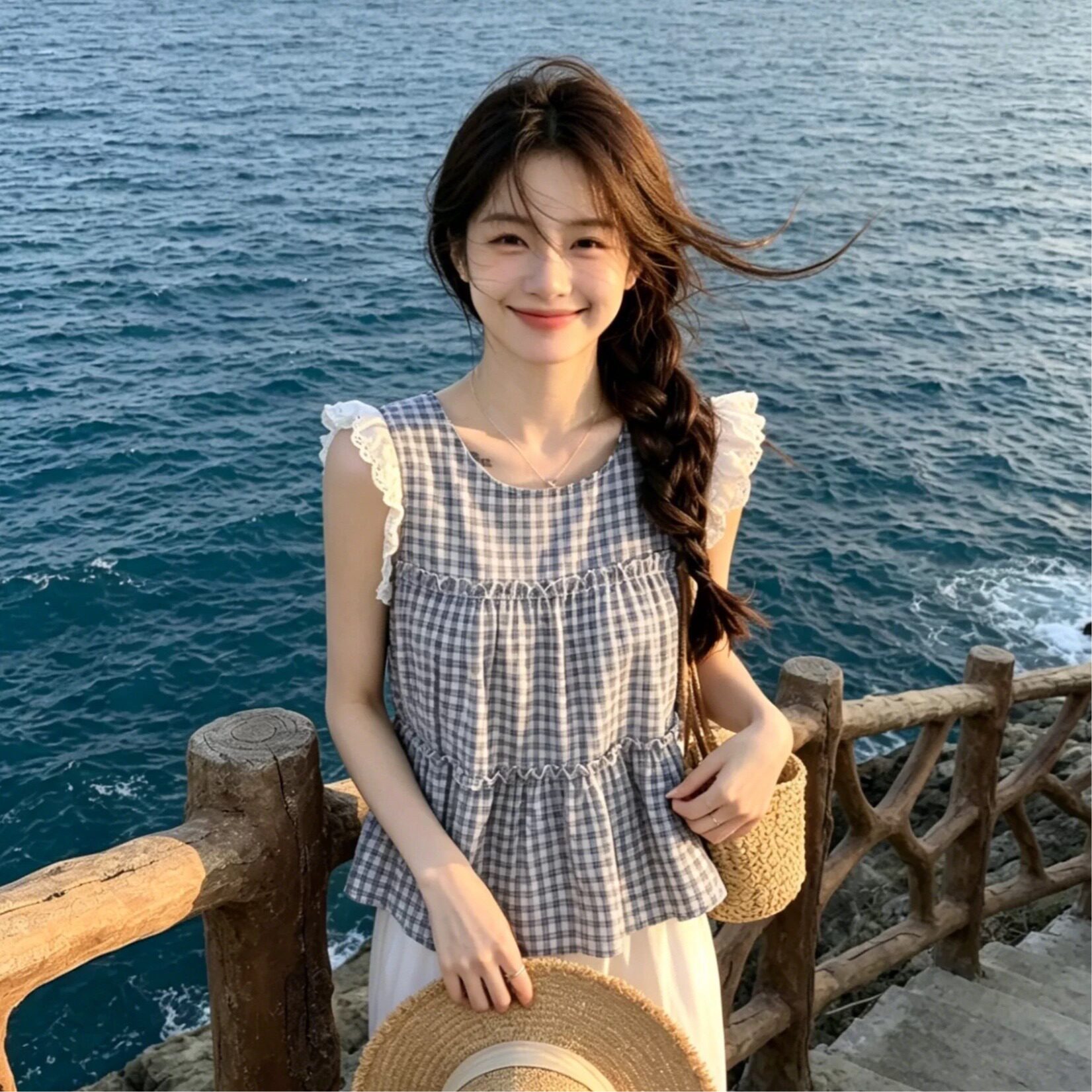 无袖衬衫女2026新款夏季杏色格子蕾丝拼接小飞袖娃娃圆领上衣女