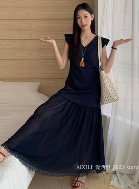 赫拉HELART2025小飞袖v领春夏新款拼接蕾丝花边下摆长款连衣裙