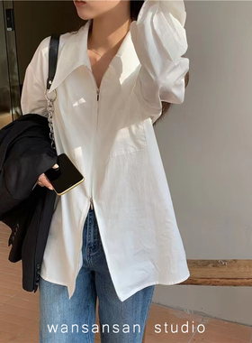 白色衬衫女设计感小众高级感双头拉链款2022年新款洋气时尚H