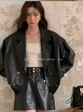 黑色皮衣女款2025新款早秋季两件套装机车春季短今年流行超pu外套