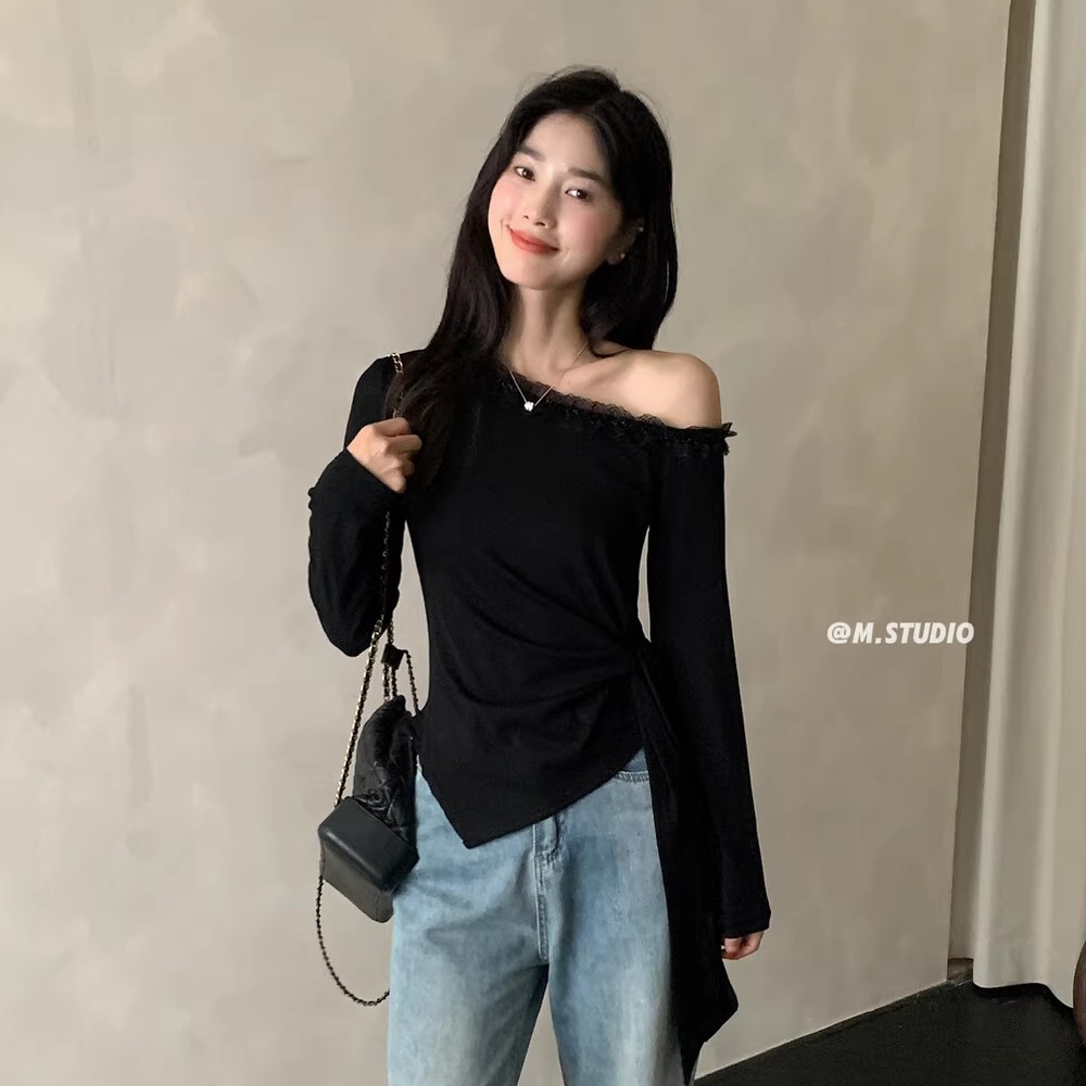 蕾丝斜肩两穿莱赛尔弹力上衣小衫