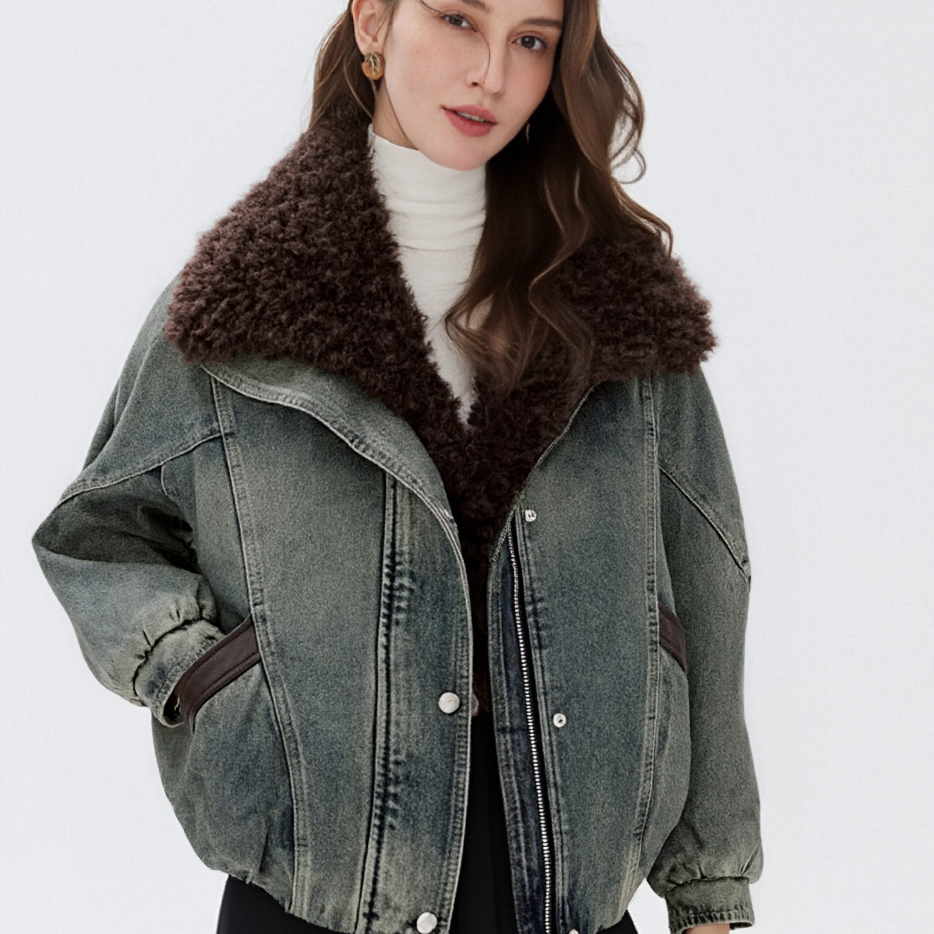 复古大翻领羊羔毛牛仔外套上衣