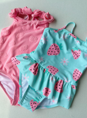 甜心草莓出口单儿童连体泳衣25新款女童小清新吊带裙摆花边游泳衣