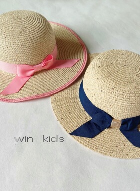 法单DP家3-10岁儿童女宝宝大檐防晒草编蝴蝶结撞色遮阳帽度假出游