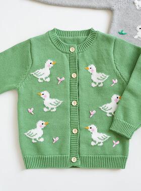 韩系开衫外套100-140可爱小鸭2024新款女孩兔宝纯棉线春秋装毛衣