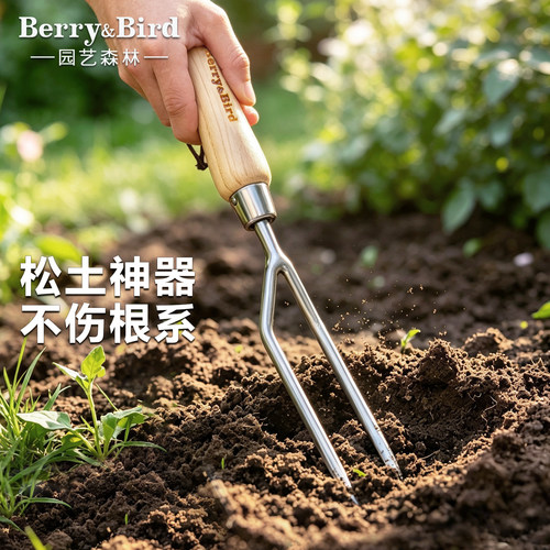 Berry&Bird园艺工具二齿手叉不锈钢花园松土破土盆栽移植双齿叉子