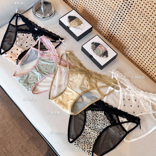 性感豹纹网纱蕾丝内裤 女士缎面镂空交叉细带蝴蝶结纯欲少女三角裤
