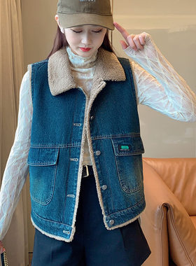 2023新款女装洗水牛仔马甲坎肩加绒加厚羊羔毛厚实马夹女士无袖