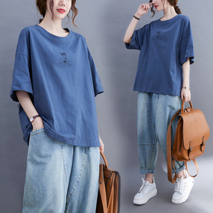 RM14014#文艺大码宽松上衣2023夏季新款胖mm加肥加大码女装短袖T恤