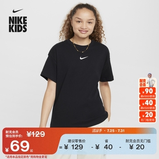 纯棉宽松刺绣柔软FZ5539 Nike耐克官方女童大童小勾T恤秋季