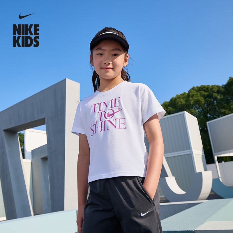 耐克大童宽松纯棉T恤秋季新款女童休闲轻便舒适官方NIKE HV5722