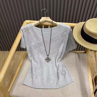 夏季镂空提花蝙蝠袖套头针织T恤天丝亚麻宽松显瘦百搭上衣女T6505