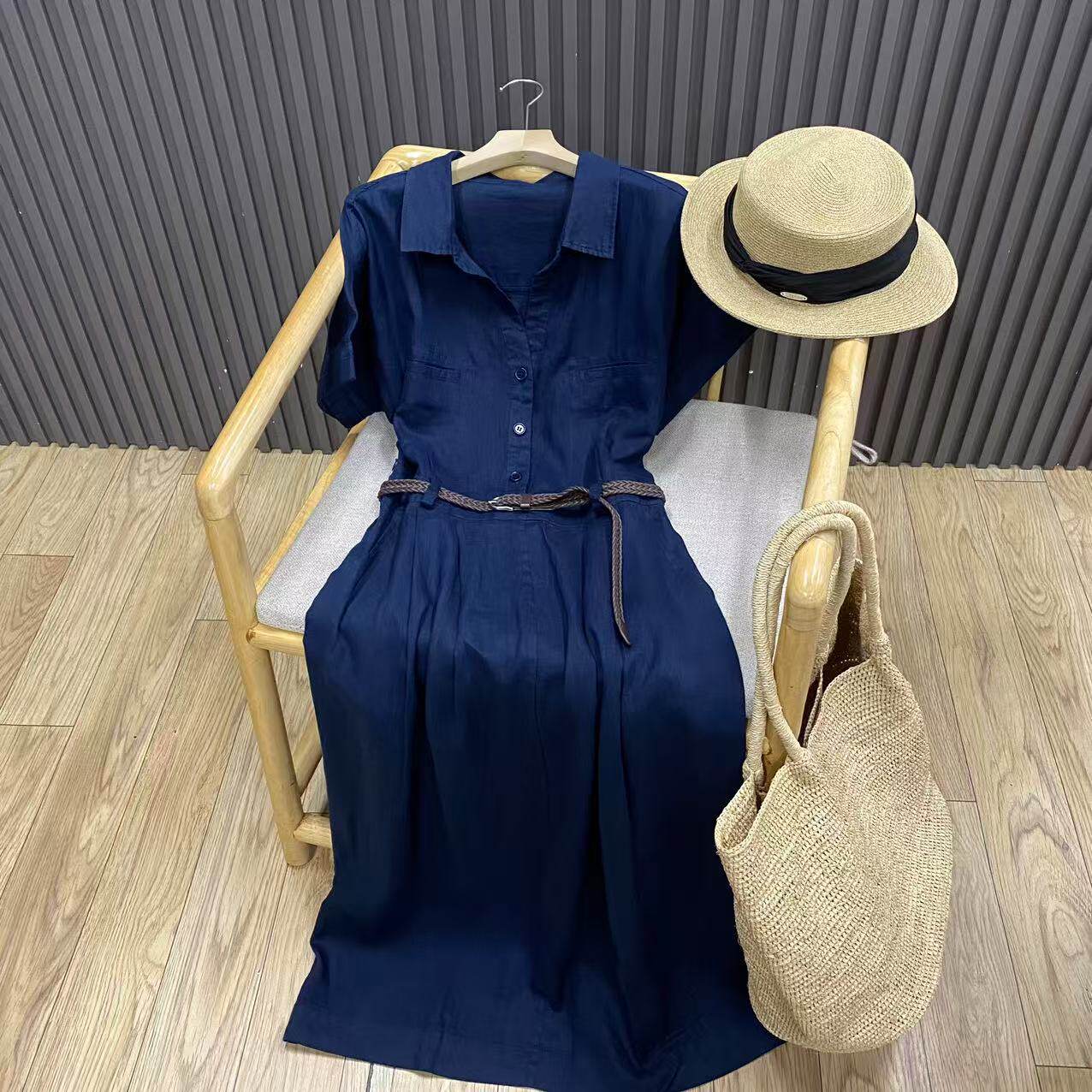 夏季翻领短袖亚麻连衣裙腰带收腰中长款文艺通勤衬衫裙女Q66250