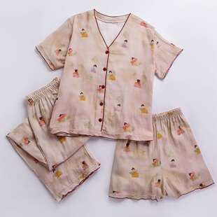 【仕女图】纯棉2025年新款睡衣春夏季柔软双层纱家居服短袖三件套