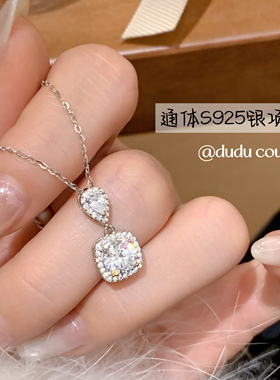S925纯银项链方糖吊坠锁骨链女