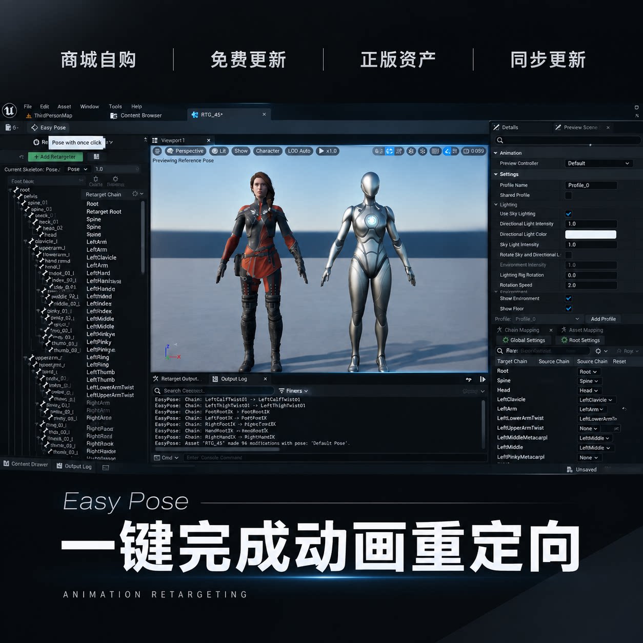UE5虚幻5 ~ 5.8 Easy Pose最新版一键重定向匹配骨骼动画绑定人物