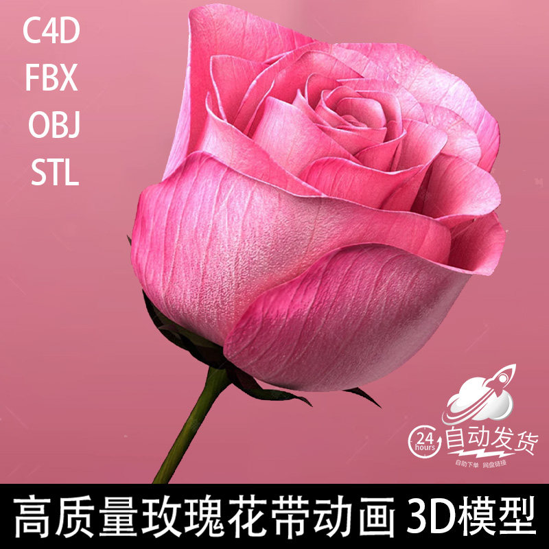 C4D模型FBX OBJ STL高精度模型玫瑰花带动画花朵开花动画3d模型