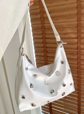 大容量托特包通勤单肩大包包钻扣油蜡皮白色女包软皮松弛感慵懒包