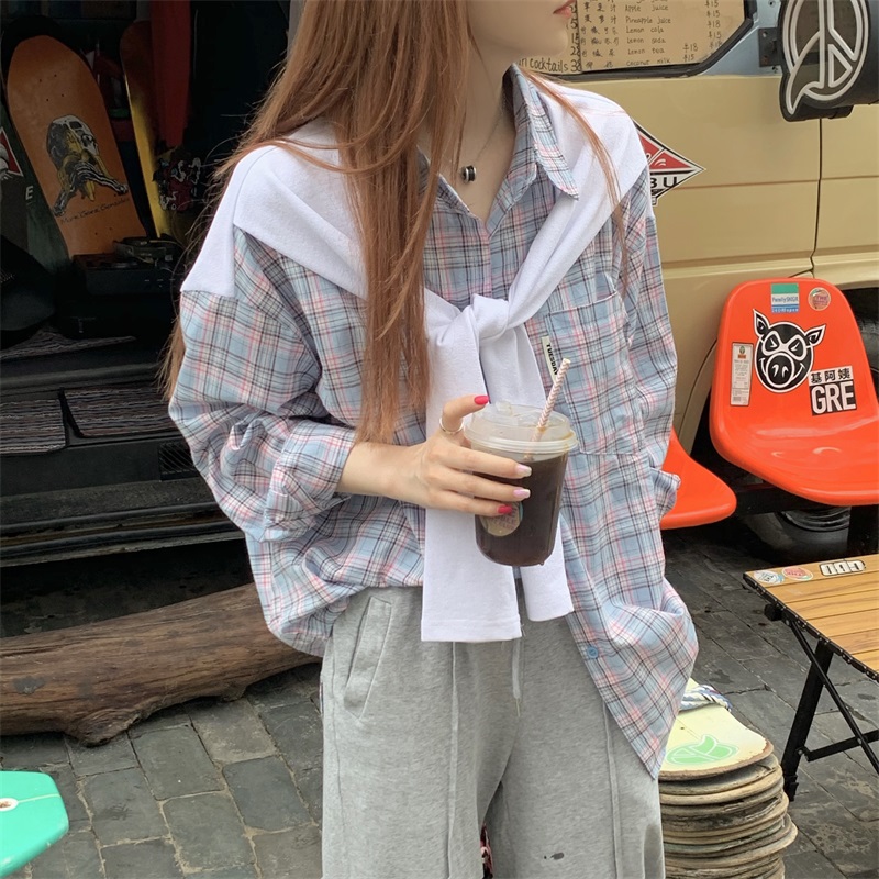 Real shot real price Korean loose show thin fake two plaid shirts versatile student summer new sunscreen clothes