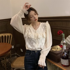 Real price Korean slim show sweet thin lace splicing Lantern Sleeve Chiffon Top versatile student base