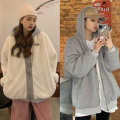 Real shot real price Korean loose skinny sweater stitching Plush front and back wear thick warm casual Hooded Coat