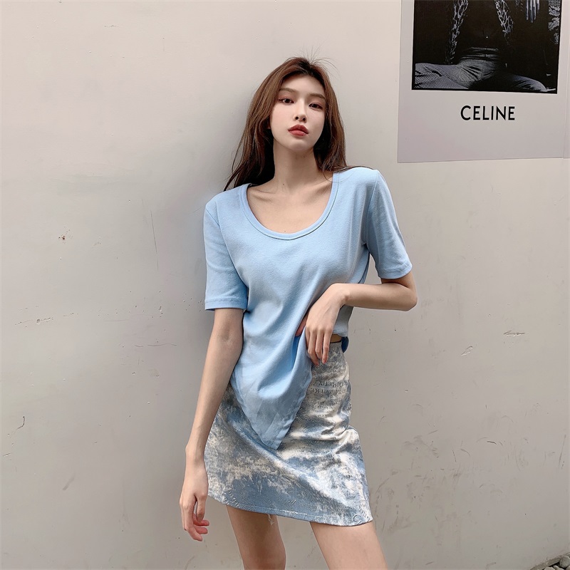 Real price Korean loose thin round neck irregular T-Shirt Top + high waist tie dyed skirt