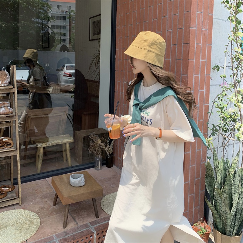 Real shot real price Korean loose thin medium long round neck short sleeve letter T-shirt dress versatile student skirt