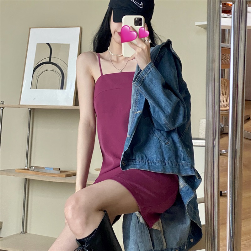 Real shot real price Korean slim one line collar waist off shoulder sexy suspender dress versatile student skirt