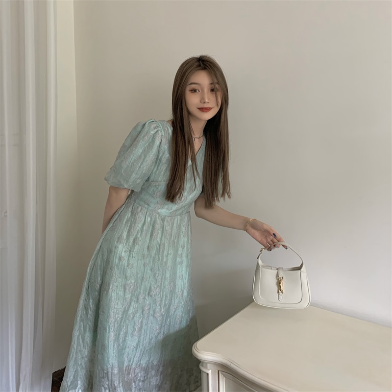 Real price Korean slim mid long V-neck short sleeve lace up sweet Chiffon Dress