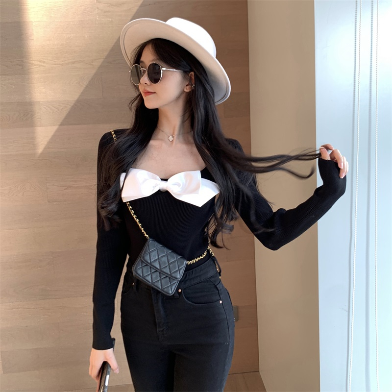 Real shot and real price Korean slim and contrast color bowknot long sleeve knitted bottomed top