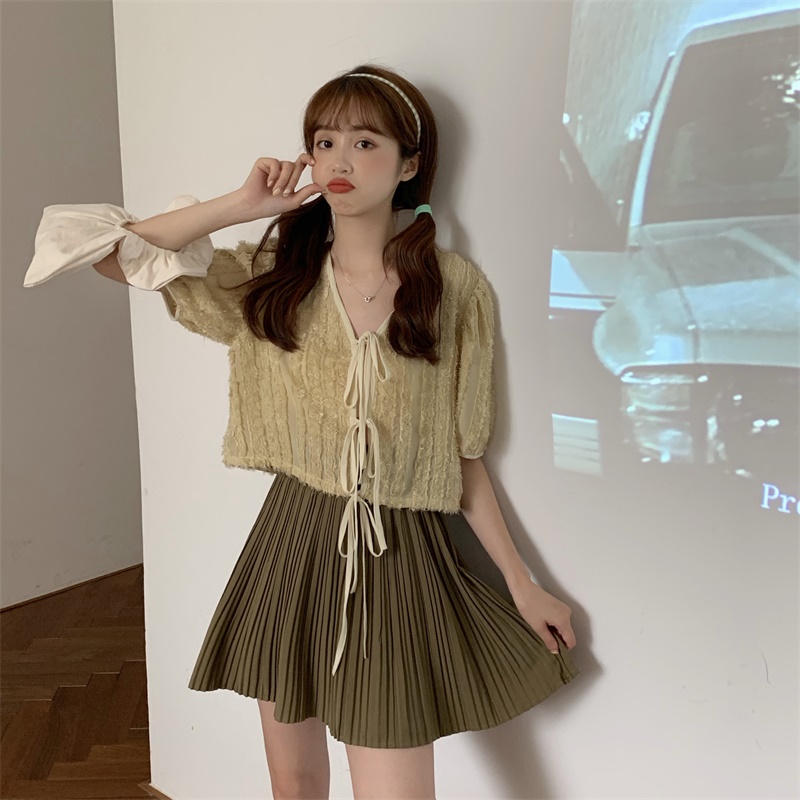 Real price Korean loose and slim V-neck short sleeve lace up chiffon shirt