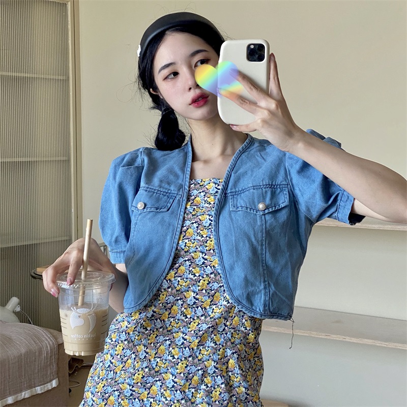 Real price Korean slim mid long floral suspender dress + short denim shawl coat