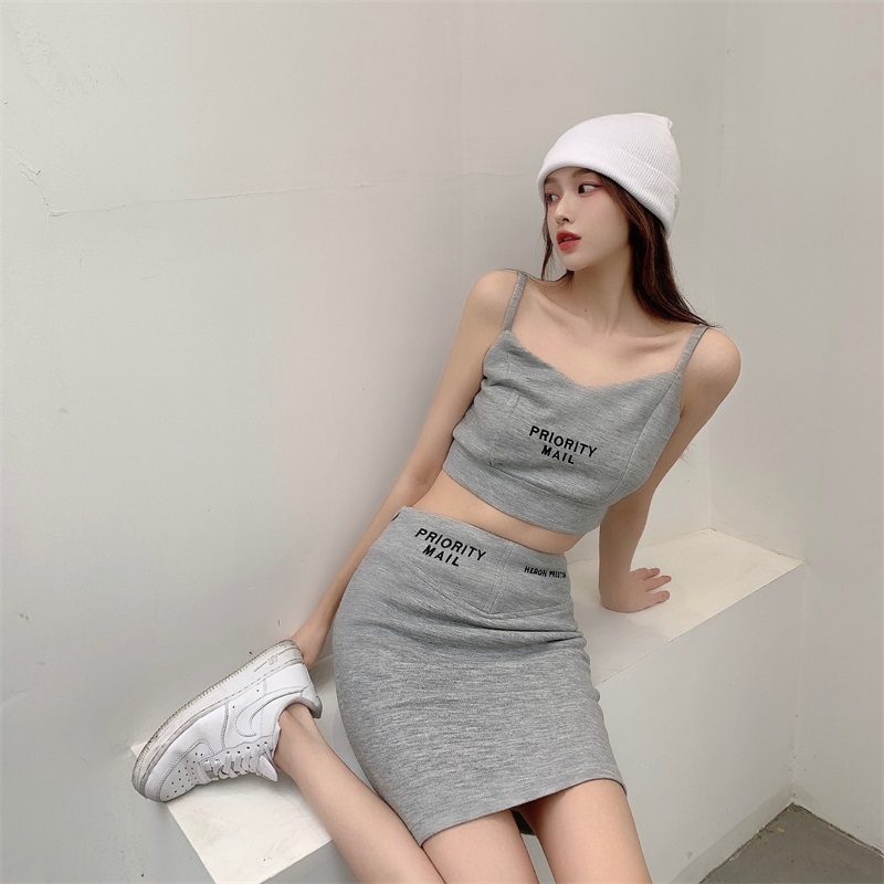 Real price Korean slim letter suspender Vest + high waist versatile skirt