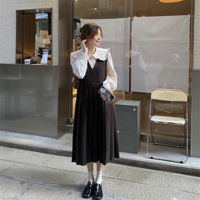 Real shot real price slim fit medium long temperament Pleated Dress + baby collar sweet student bottom shirt