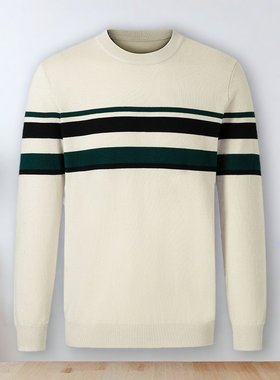 男士圆领长袖毛衣秋冬潮牌男装宽松休闲加肥加大码薄款条纹针织衫