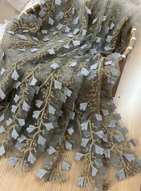 360*75cm重工灰蓝色立体花金丝线刺绣网纱蕾丝布料裁片DIY面料