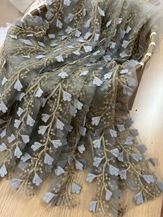 360*75cm重工灰蓝色立体花金丝线刺绣网纱蕾丝布料裁片DIY面料