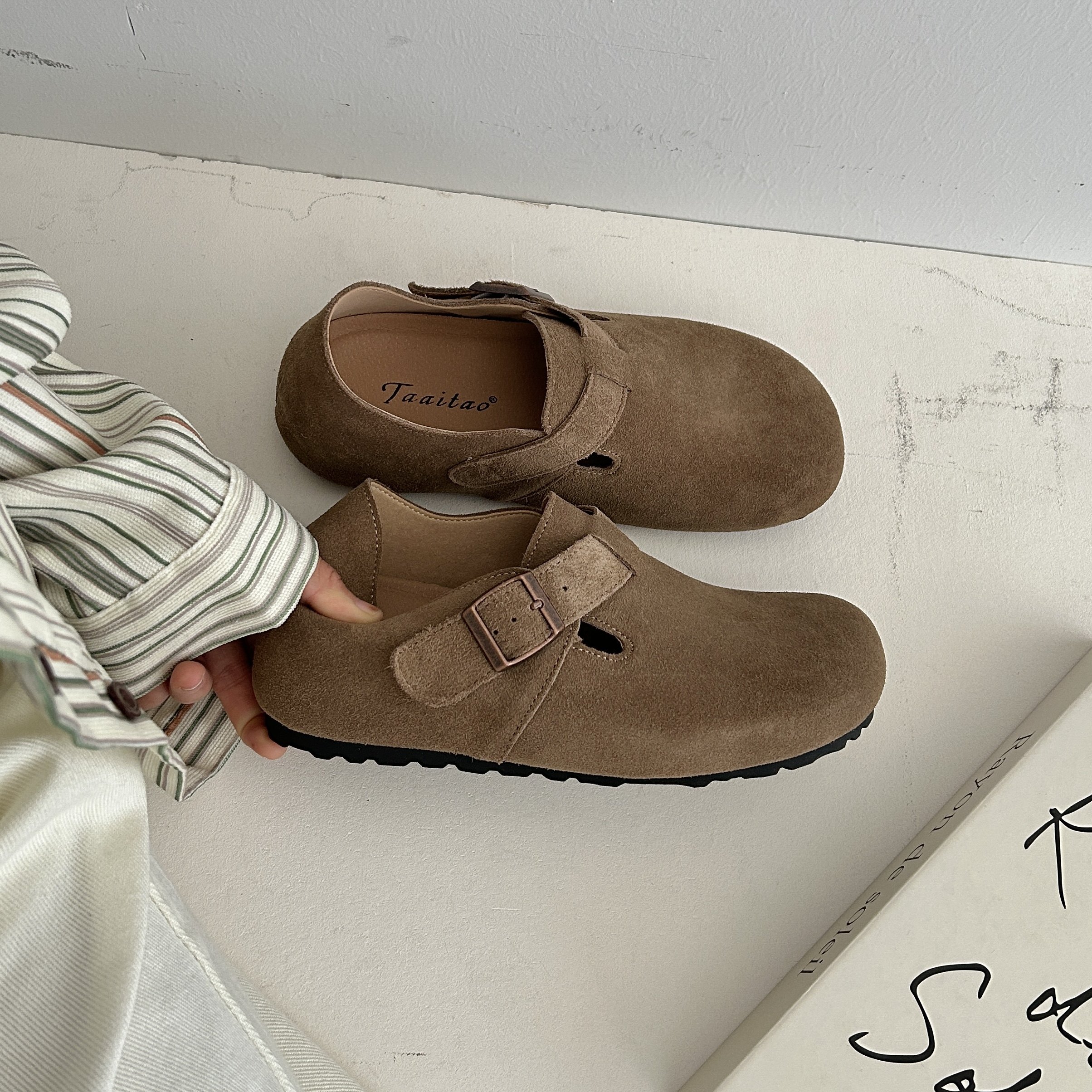 牛皮版内增高5CM厚底真皮勃肯鞋春秋新款复古一脚蹬乐福鞋女鞋子