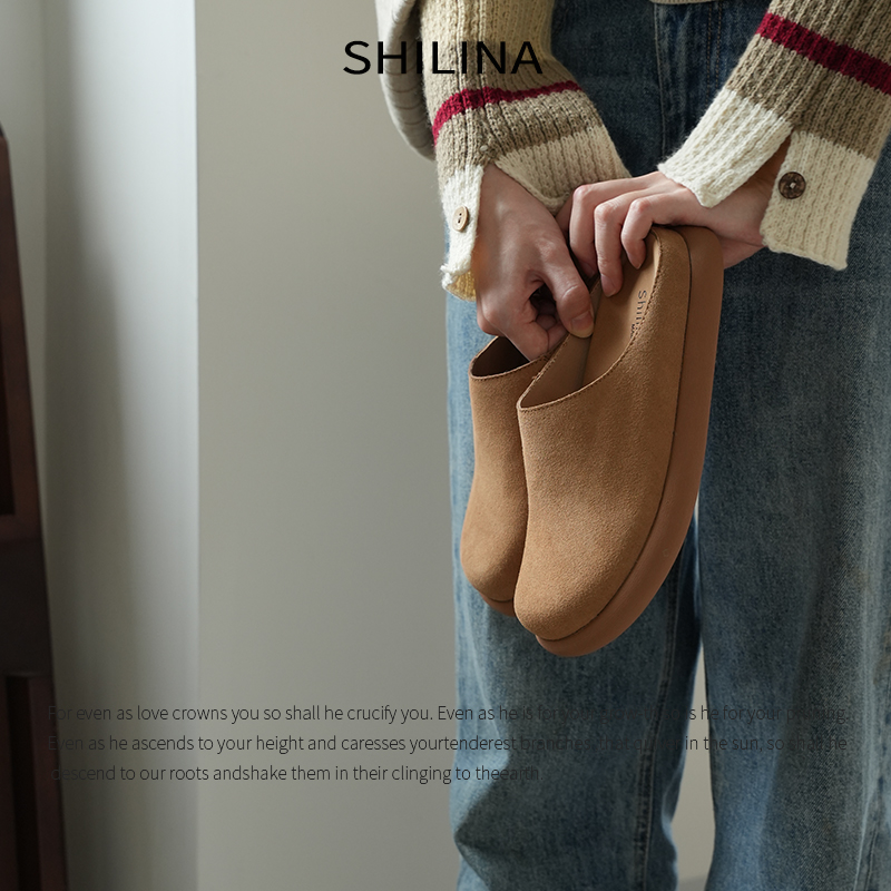 小土豆半拖勃肯鞋单里磨砂牛皮勃肯鞋女内增高一脚蹬加绒