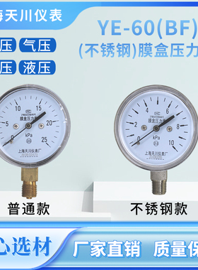 上海天川YE-60BF 不锈钢膜盒压力表天然气压力表真空负压表千帕表