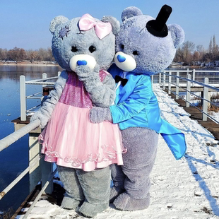 新款人穿灰蓝情侣熊人偶服婚礼求婚拍照道具毛绒行走卡通玩偶服