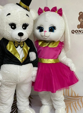 情侣小熊男士黑色西装熊女士红裙兔子人偶服装道具头套演出玩偶服