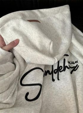 广州十三行女装灰色套头连帽卫衣外套女秋冬加绒加厚帽衫美式上衣