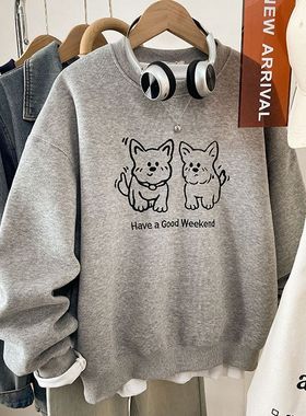 广州十三行灰色加绒卫衣女秋冬小个子宽松慵懒风oversize美式上衣