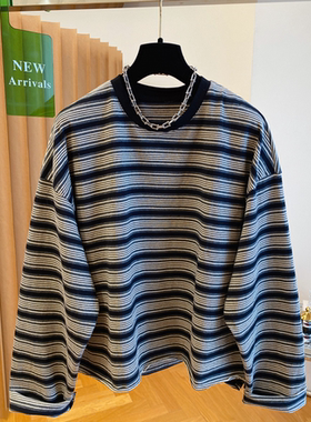 广州十三行女装撞色条纹长袖t恤女春秋韩系宽松慵懒风打底衫上衣