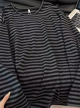 广州十三行女装纯棉长袖t恤女春秋条纹打底衫韩系宽松慵懒风上衣