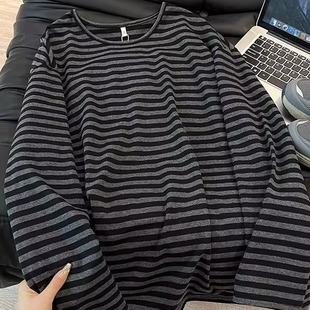 广州十三行女装纯棉长袖t恤女春秋条纹打底衫韩系宽松慵懒风上衣