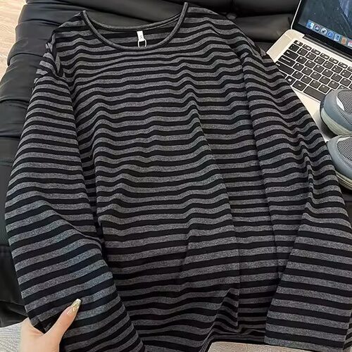 纯棉条纹长袖t恤女春秋圆领宽松