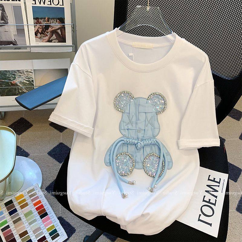 广州十三行高货重工钉珠纯棉短袖t恤女夏季小熊刺绣宽松半袖上衣,女装/女士精品,大码内搭,淘宝优惠券,粉丝福利购,淘宝优惠卷